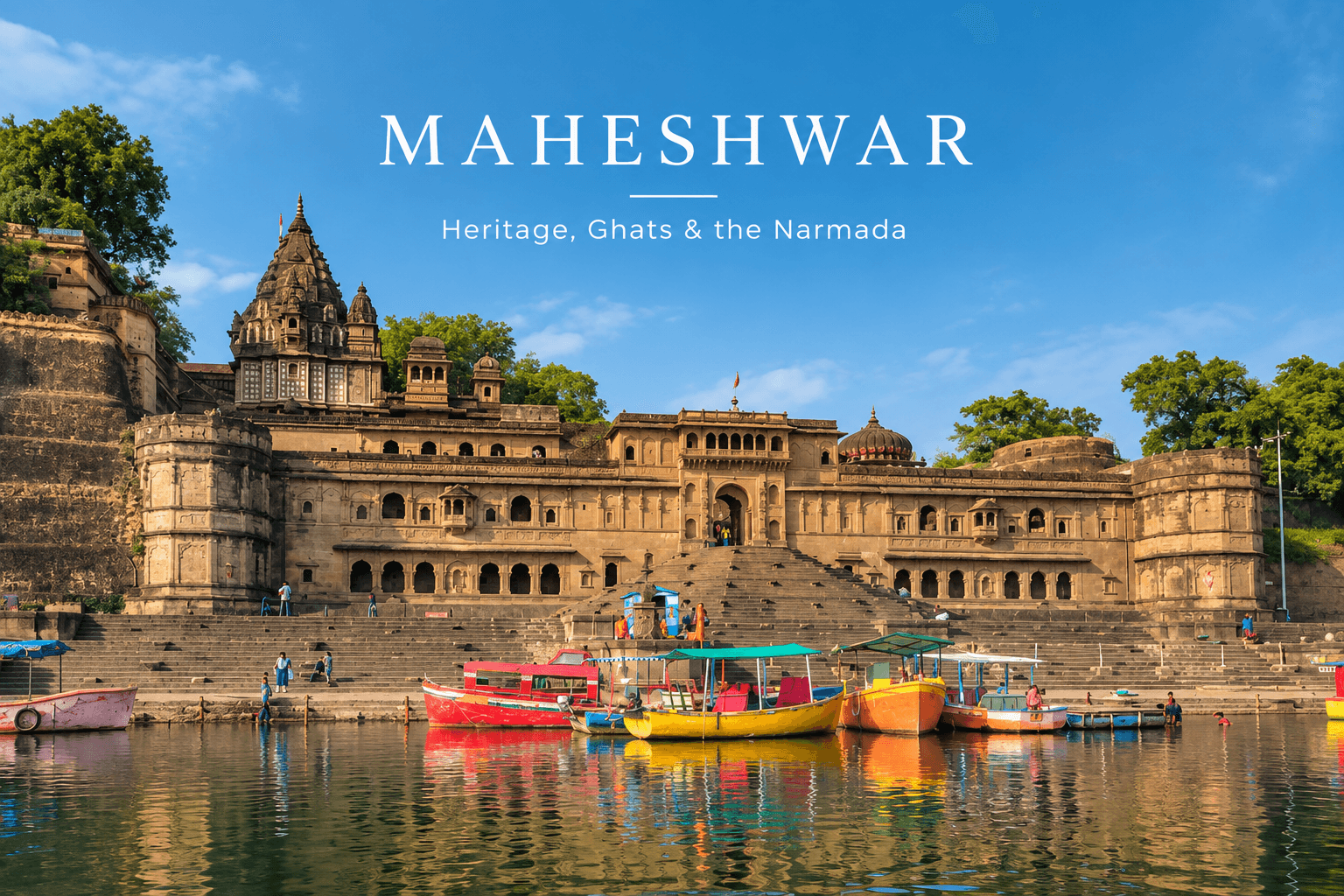 Ahilya Fort and historic ghats along the Narmada River in Maheshwar, Madhya Pradesh
