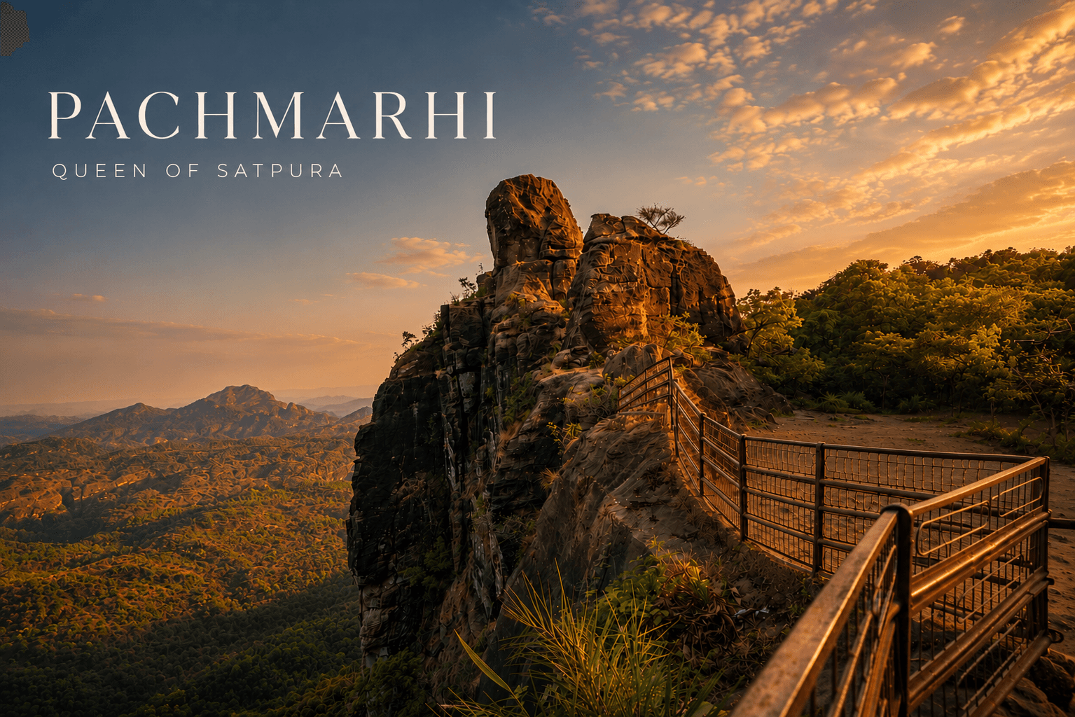 Scenic landscape of Pachmarhi surrounded by the Satpura hills in Madhya Pradesh